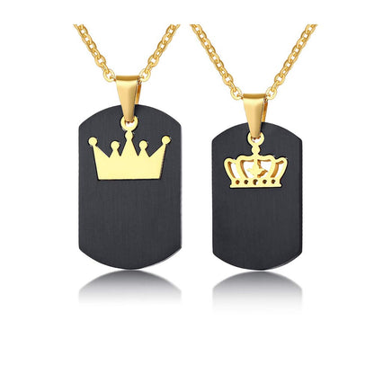 Rockyu ペアネックレス ステンレス ブラック×ゴールド クラウンプレート 男女兼用