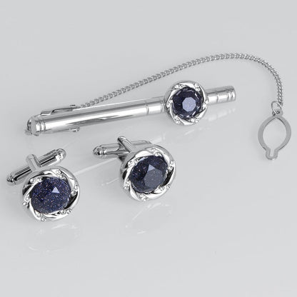 Rockyu カフスボタン＆タイピンセット メンズ ブルーサンドストーン 17mm ラウンド ステンレス製 ビジネス フォーマル ギフト