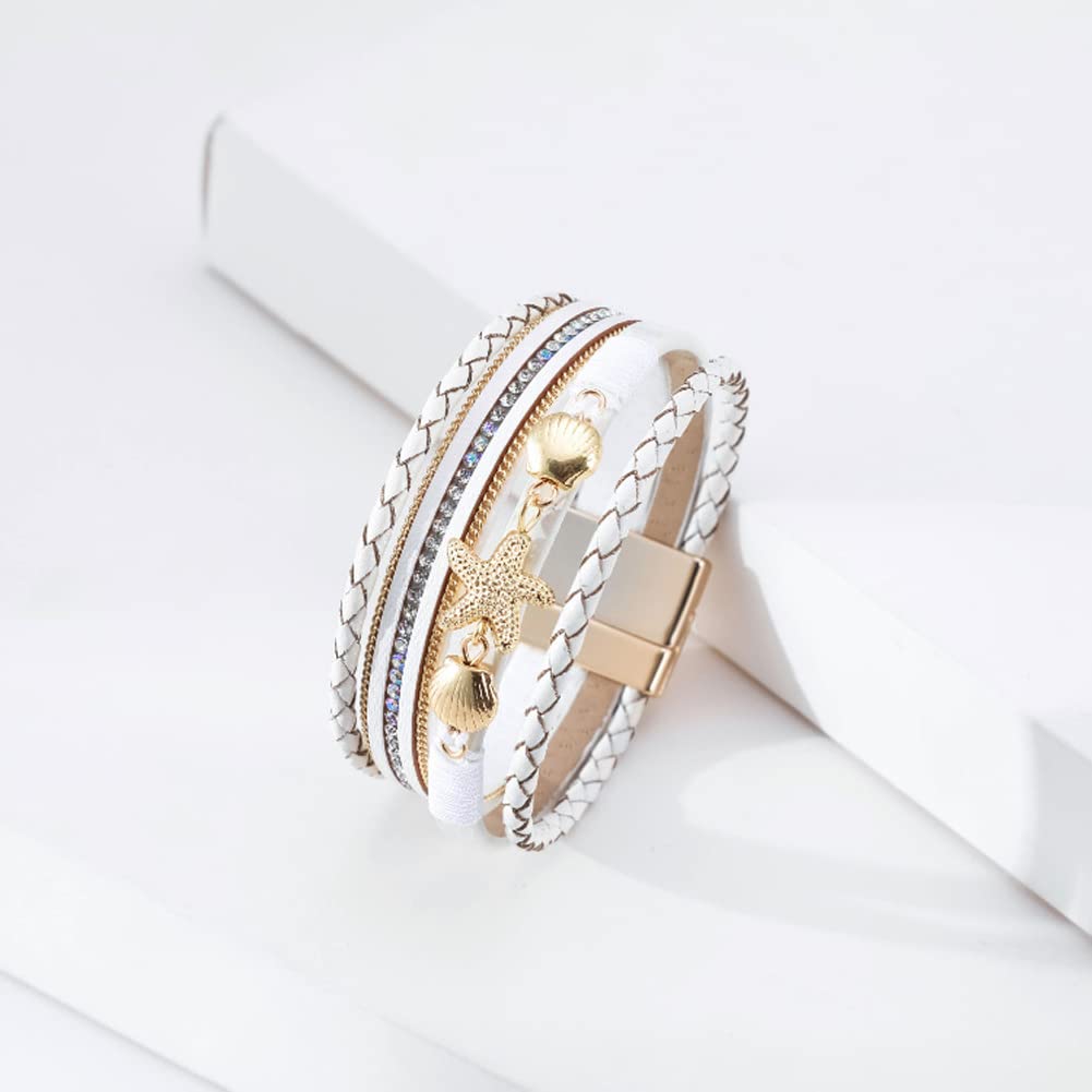 Rockyu ヒトデ＆貝殻モチーフ 多連レザーブレスレット レディース 夏 ハワイアン風