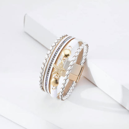 Rockyu ヒトデ＆貝殻モチーフ 多連レザーブレスレット レディース 夏 ハワイアン風