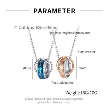 Rockyu ネックレス ペア ブルーシルバー＆ローズゴールド ダブルリングペンダント ステンレス製 記念日や誕生日ギフトに
