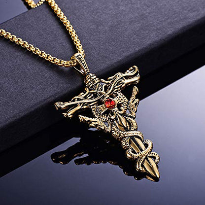 Rockyu 双竜クロスペンダント メンズネックレス｜ルビー装飾＆18Kメッキ仕様