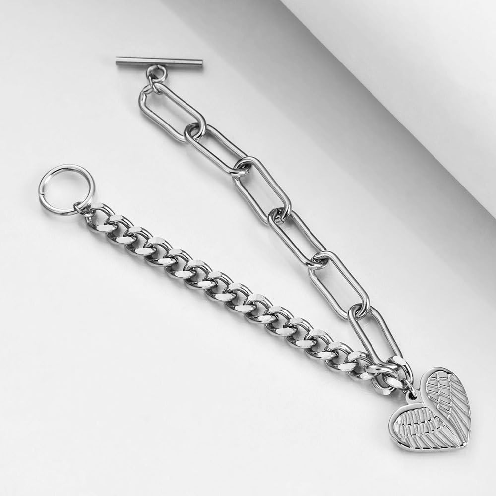 Rockyu ブレスレット レディース ハートチャーム付き 天使の翼モチーフ OTチェーン 18cm