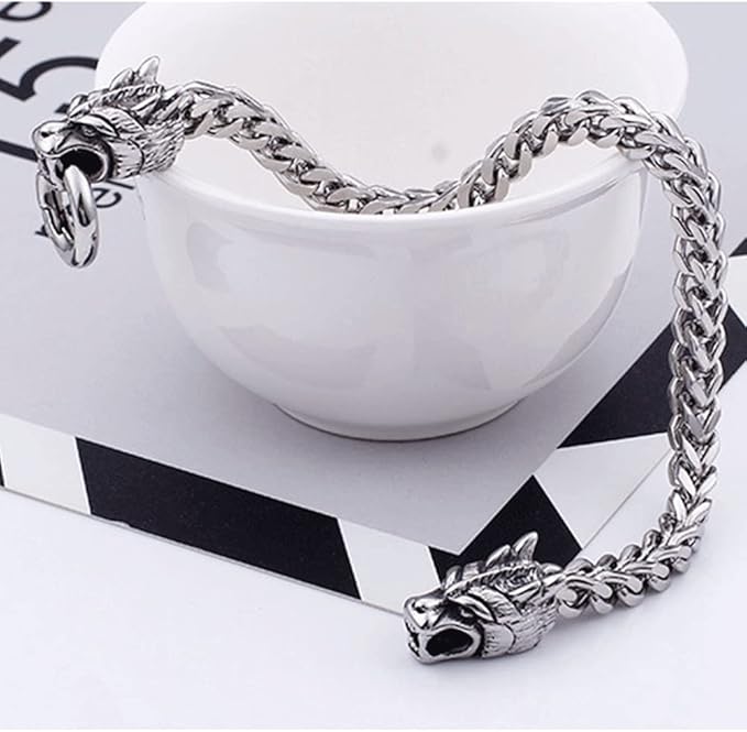 Rockyu ブレスレット メンズ ドラゴンモチーフ 二層チェーン シルバー ステンレス製