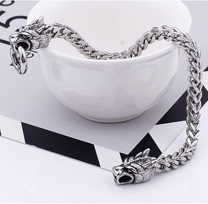 Rockyu ブレスレット メンズ ドラゴンモチーフ 二層チェーン シルバー ステンレス製