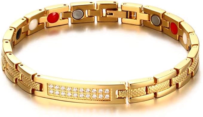 Rockyu 磁気ブレスレット レディース メンズ ゴールド ステンレス ジルコニア配列 プレートデザイン ゲルマニウム内蔵