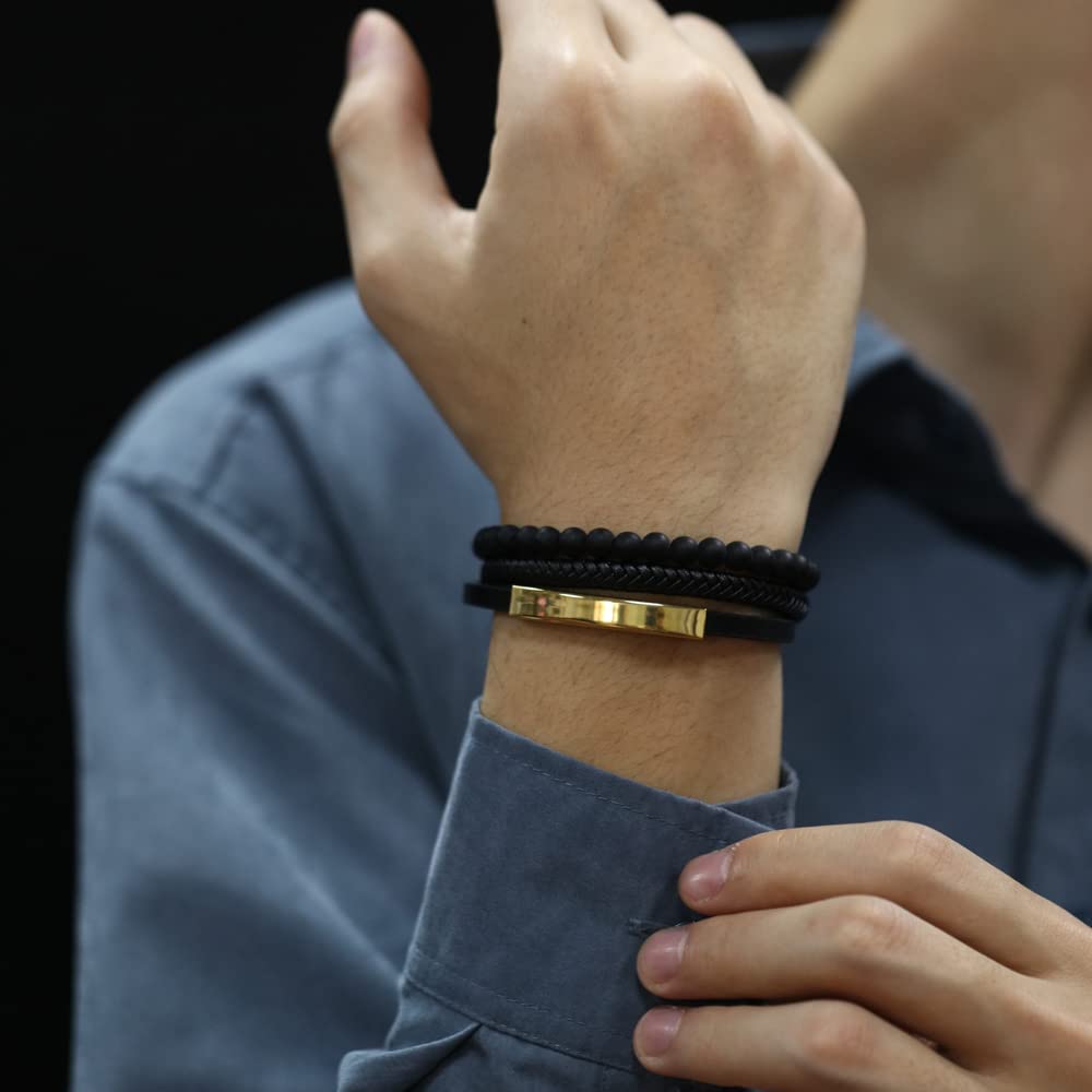 Rockyu ブレスレット メンズ 3連 数珠×レザー ゴールド/シルバー/ブラック ステンレス製 ギフトボックス付き