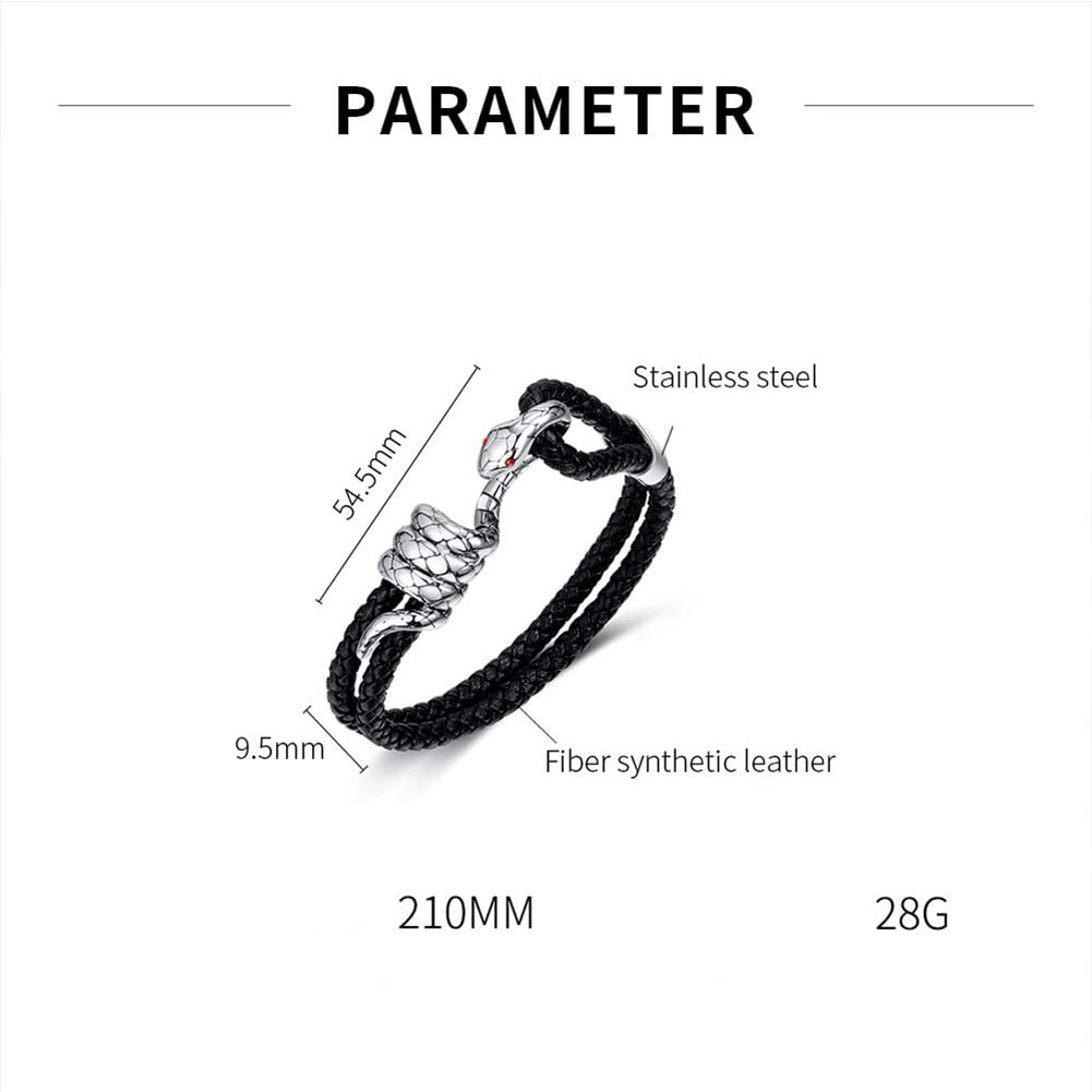 Rockyu ブレスレット メンズ スネークデザイン レザー＆ステンレス ブラック 蛇モチーフ