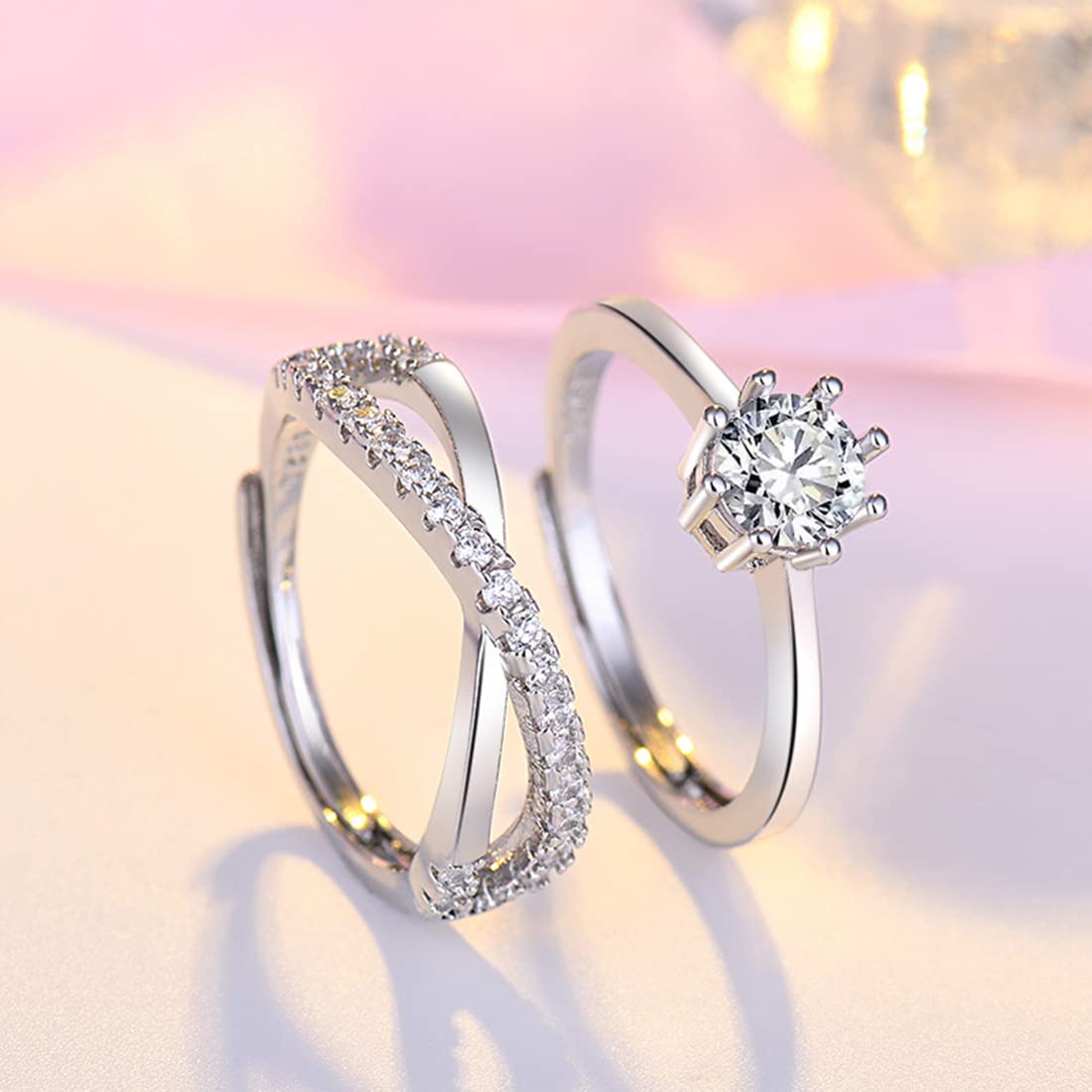 Rockyu 2連クロスリング ジルコニア装飾 フリーサイズ レディース指輪 幅広デザイン