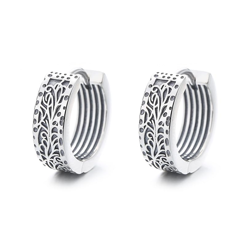 Rockyu シルバー925 唐草透かし彫りフープピアス 幅広ヴィンテージ 男女兼用 ゴールド＆シルバー