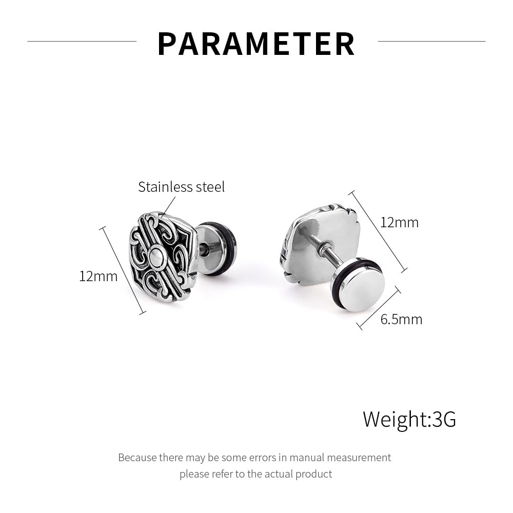 Rockyu ピアス メンズ ステンレス 片耳 四角モチーフ 彫刻風フラワーパターン ヴィンテージ調 アレルギー対応