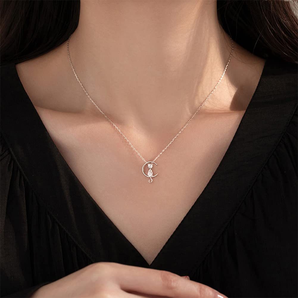 Rockyu 猫と月 ネックレス レディース 925純銀 ペンダント シンプル可愛い ジルコニア