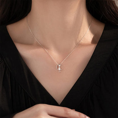 Rockyu 猫と月 ネックレス レディース 925純銀 ペンダント シンプル可愛い ジルコニア