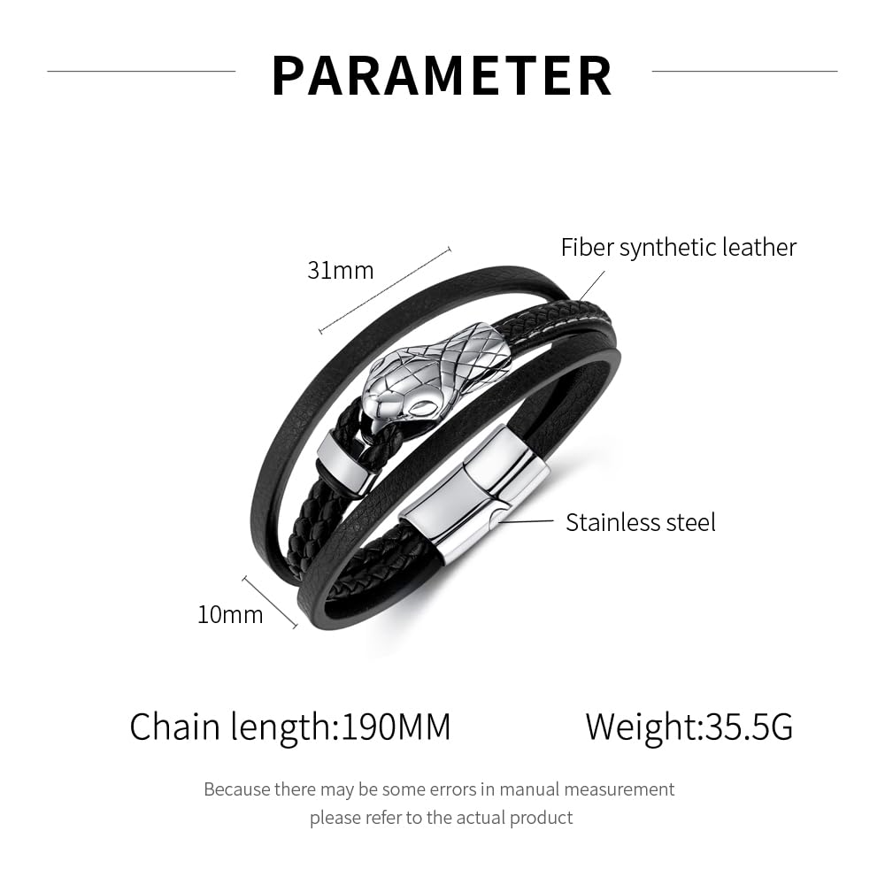 Rockyu メンズ レザーブレスレット スネークヘッドデザイン PU革 三連 ブラック