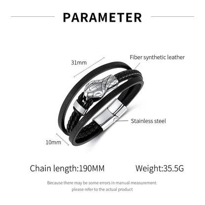 Rockyu メンズ レザーブレスレット スネークヘッドデザイン PU革 三連 ブラック