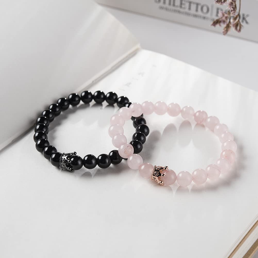 Rockyu ブレスレット メンズ レディース 2連 数珠 ビーズ 天然石 瑪瑙 クリスタル クラウン 開運 厄除けアクセサリー