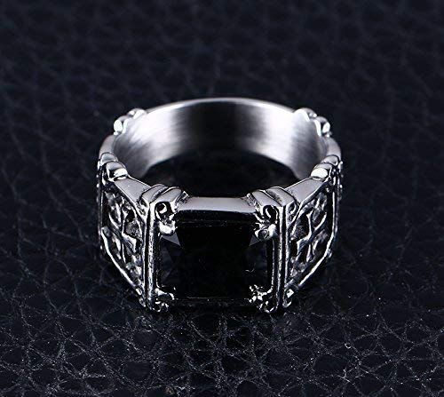 Rockyu 十字架スクエアリング メンズ アンティーク調クロス×赤黒ストーン指輪