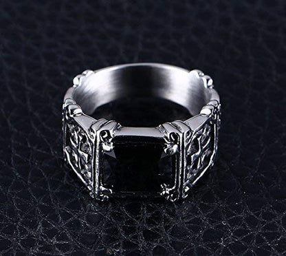 Rockyu 十字架スクエアリング メンズ アンティーク調クロス×赤黒ストーン指輪