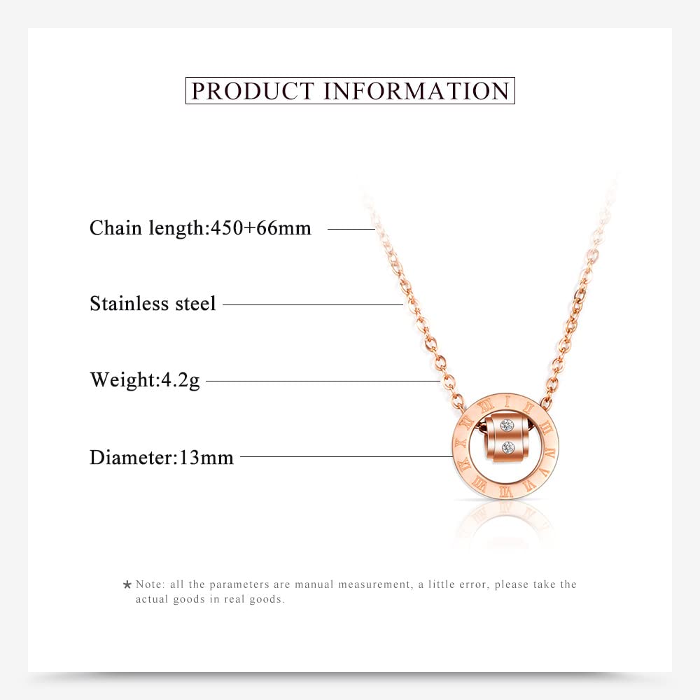 Rockyu ネックレス レディース シンプル ピンクゴールド ジルコニア ローマ数字ネックレス ローマ字刻印 リングペンダント ステンレス あずきチェーン