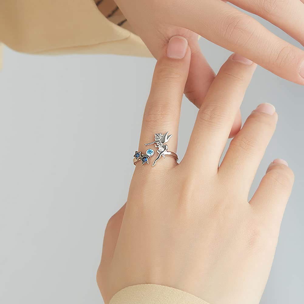 Rockyu 天使と星のブルージルコニアリング S925 シルバー フリーサイズ