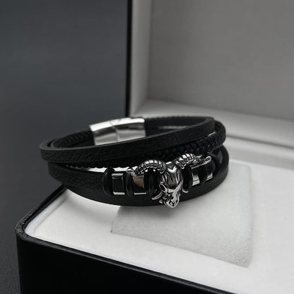 Rockyu メンズ 4連レザーブレスレット ブラック ヤギ頭モチーフ 編み込み お守り風 ステンレス 金属アレルギー対応