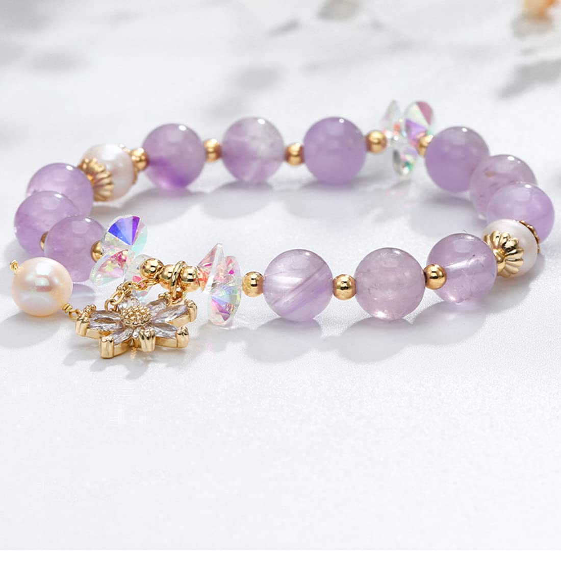 Rockyu ブレスレット レディース 天然石 紫水晶 パール クリスタル フラワーペンダント