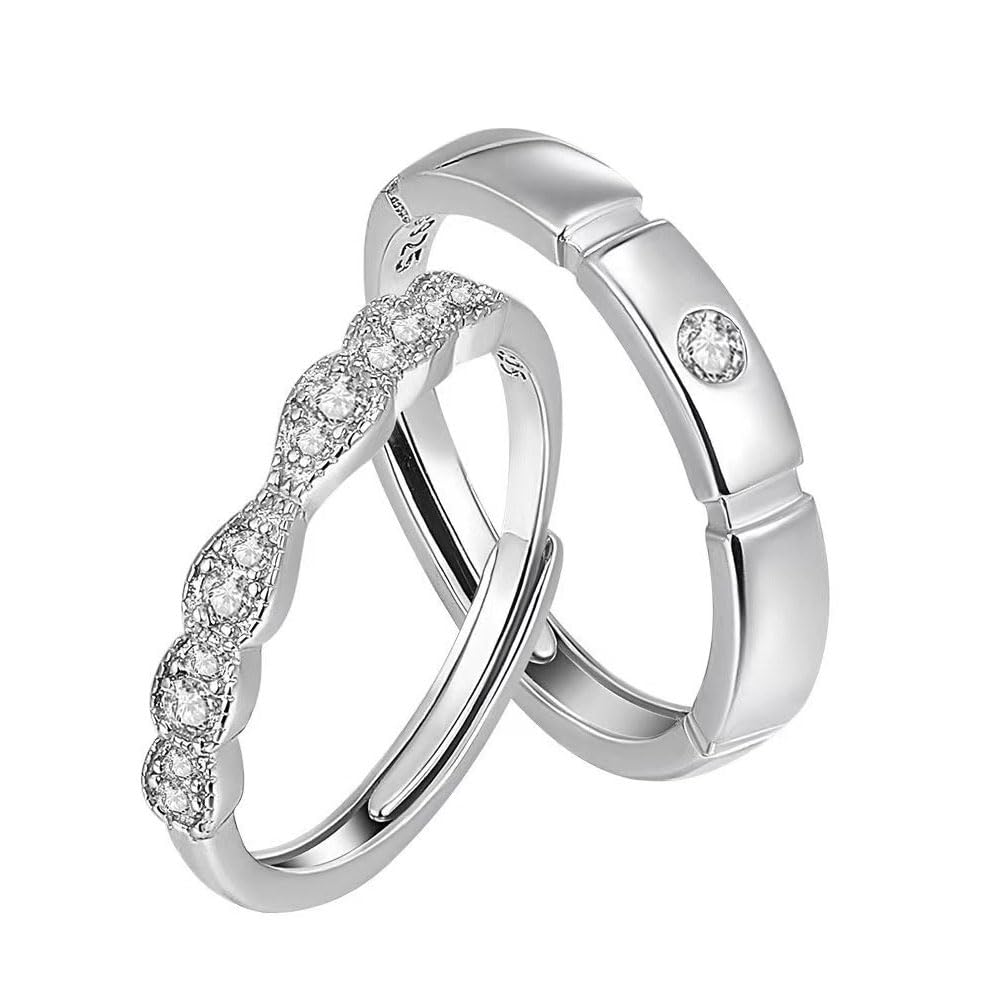 Rockyu ペアリング カップル シルバー925 フリーサイズ ジルコニア入り 指輪セット