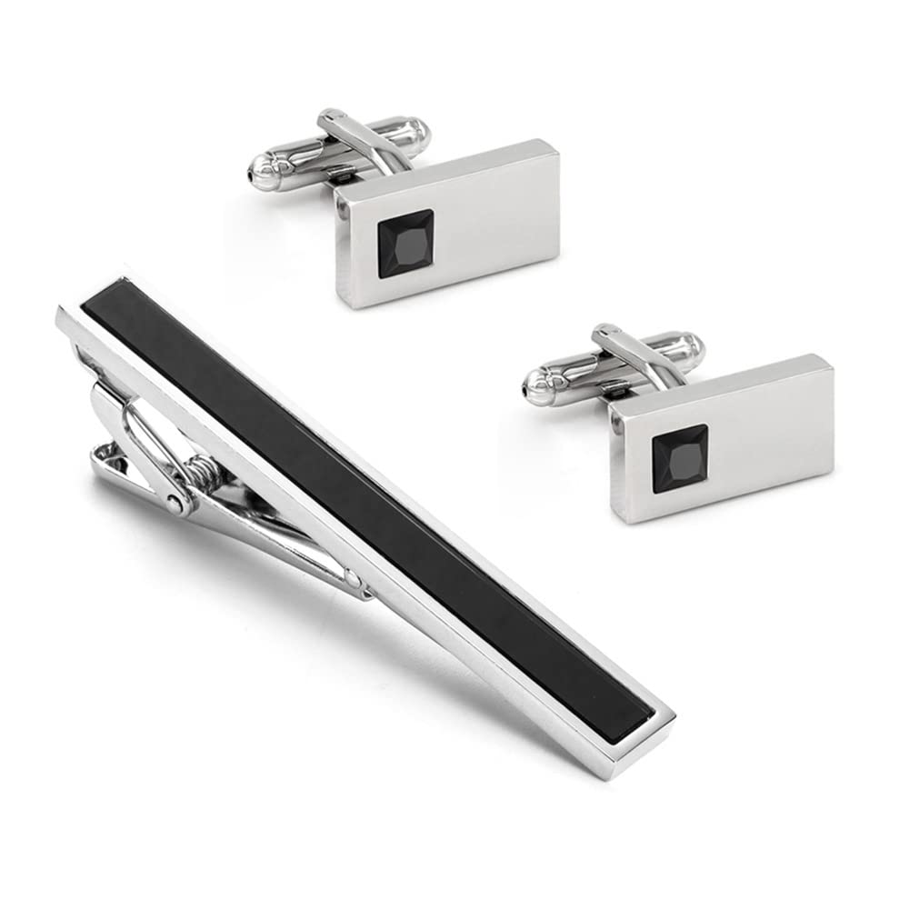 Rockyu ネクタイピン カフスセット メンズ 黒ジルコニア 長方形 ステンレス
