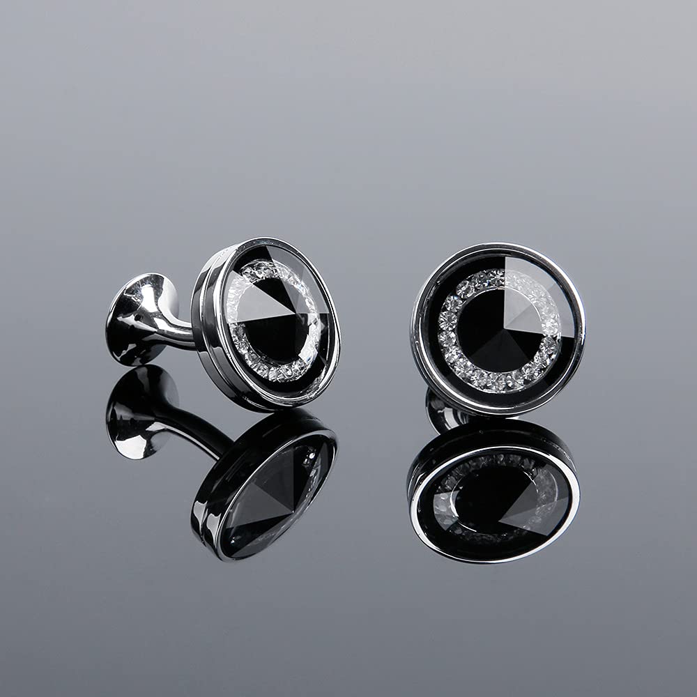 Rockyu メンズカフス ラウンドデザイン 大粒クリスタル シルバー ネイビーブルー カフリンクス