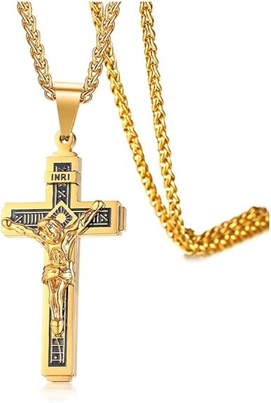 Rockyu ネックレス メンズ 十字架 ゴールド イエス クロスペンダント ステンレス製 宗教モチーフ