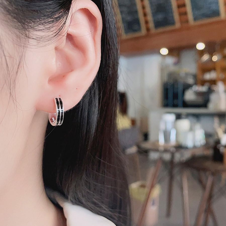 Rockyu シルバー925 ダブルブラックライン フープピアス シンプルモダン 男女兼用