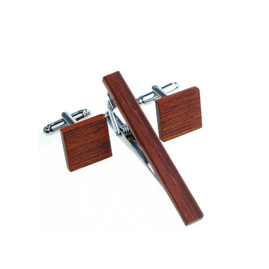 Rockyu メンズ ネクタイピン＆カフスセット 木製デザイン ブルー＆ブラウン スーツアクセサリー