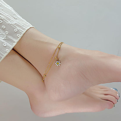 Rockyu アンクレット レディース ステンレス製 ゴールド デイジーチャーム ダブルレイヤー 調整可能 アレルギー対応