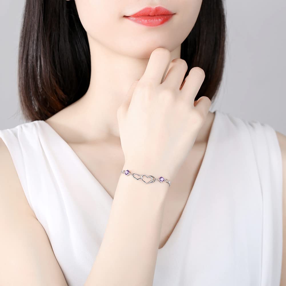 Rockyu レディースブレスレット シルバー ハート ジルコニア サファイア 腕輪