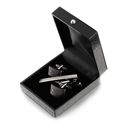 Rockyu メンズカフスとタイピンセット ジルコニア入りブラックサテーナ仕上げ