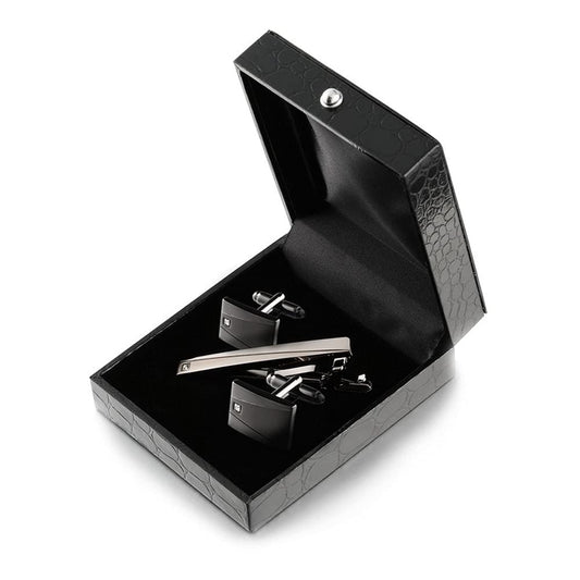 Rockyu メンズカフスとタイピンセット ジルコニア入りブラックサテーナ仕上げ