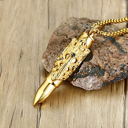 Rockyu 弾丸ドラゴンクロスネックレス メンズ ステンレス製 ゴールド＆シルバー ペンダント