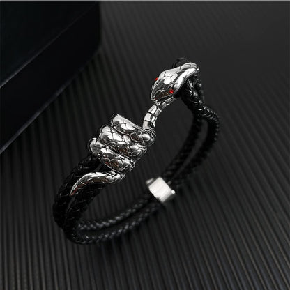 Rockyu ブレスレット メンズ スネークデザイン レザー＆ステンレス ブラック 蛇モチーフ