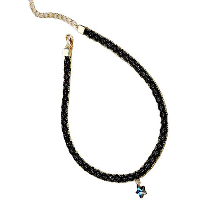 Rockyu 星型チョーカーネックレス レディース ブラックレース×ゴールドチェーン