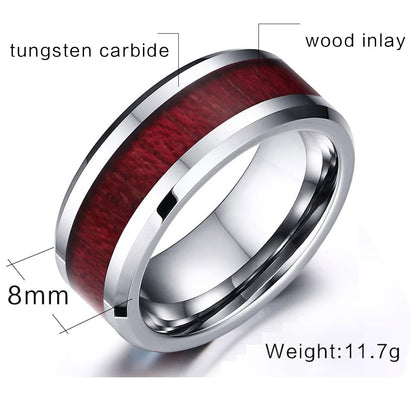 Rockyu タングステンウッドインレイリング メンズ｜8mm幅 シルバー×木目 マット仕上げ