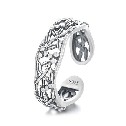 Rockyu 指輪 レディース 太め シルバー925 藤蔓モチーフ リング フリーサイズ 金属アレルギー対応 透かし彫り 植物デザイン
