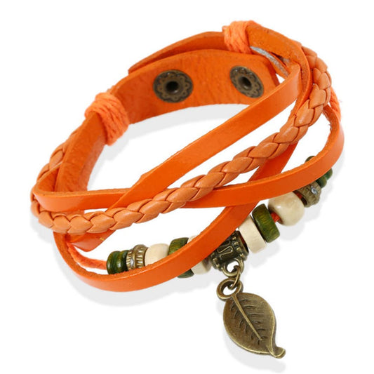 【リーフの風が吹く】カラフル牛革ブレスレット｜調整可能・レディース＆メンズ兼用