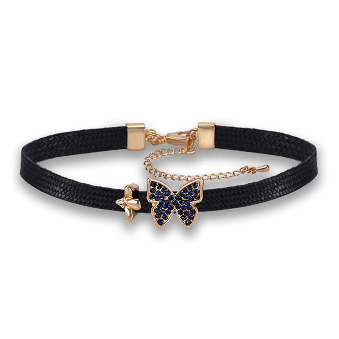 Rockyu 蝶々チョーカー ブラックレザー – 宝石風ブルー＆グレーの選べる輝き