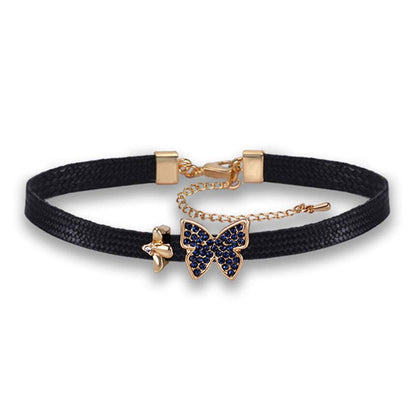 Rockyu 蝶々チョーカー ブラックレザー – 宝石風ブルー＆グレーの選べる輝き