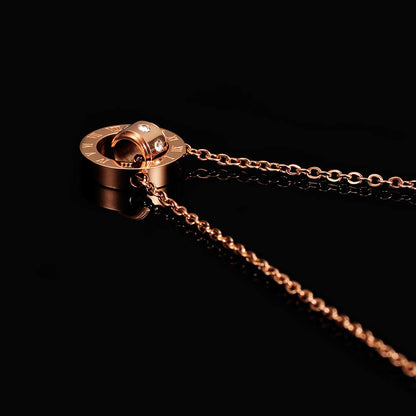 Rockyu ネックレス レディース シンプル ピンクゴールド ジルコニア ローマ数字ネックレス ローマ字刻印 リングペンダント ステンレス あずきチェーン