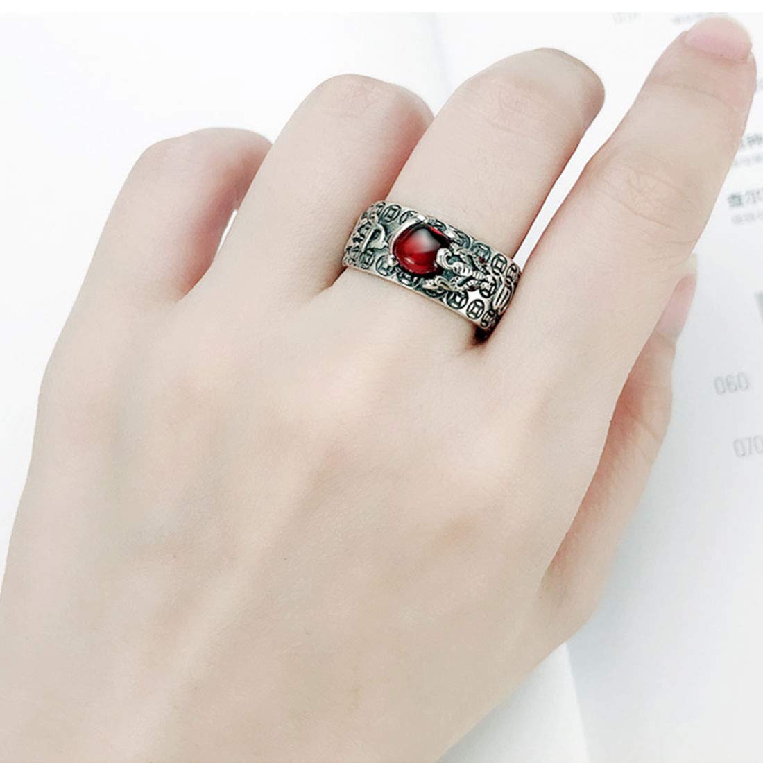 Rockyu 貔貅モチーフ経文リング メンズ レディース フリーサイズ アンティーク風指輪