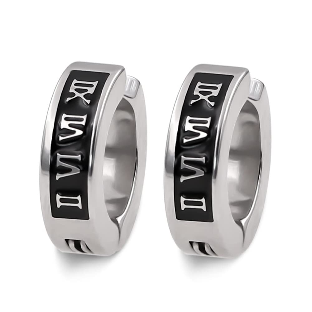 Rockyu フェイクピアス メンズ シルバー 黒 ローマ数字 チタン ノンホール