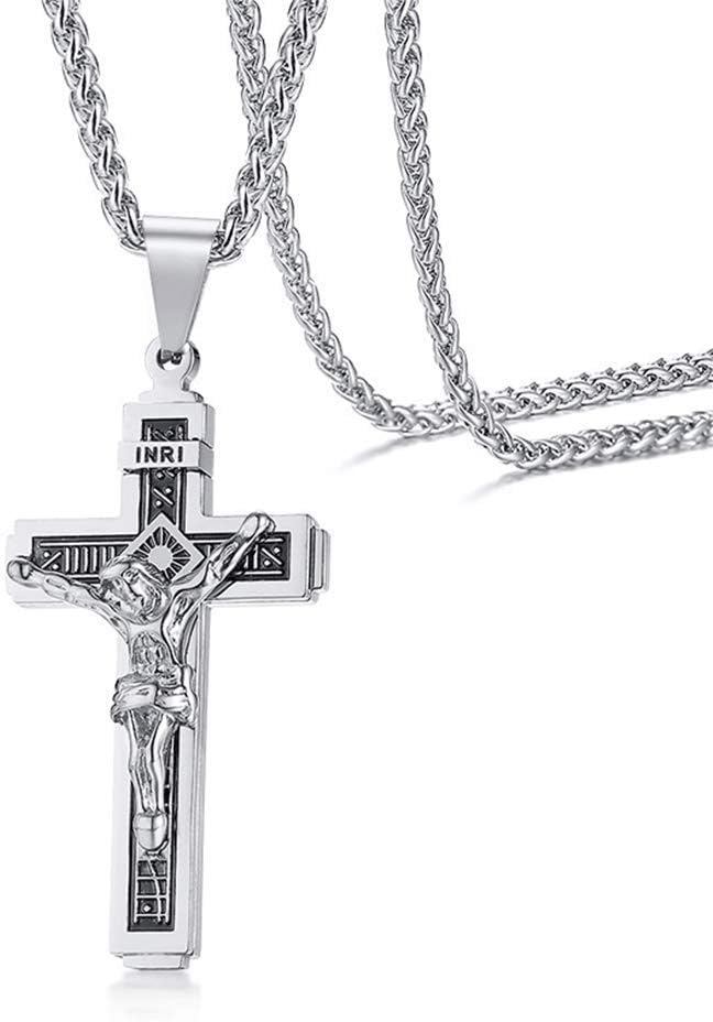 Rockyu ネックレス メンズ 十字架 ゴールド イエス クロスペンダント ステンレス製 宗教モチーフ