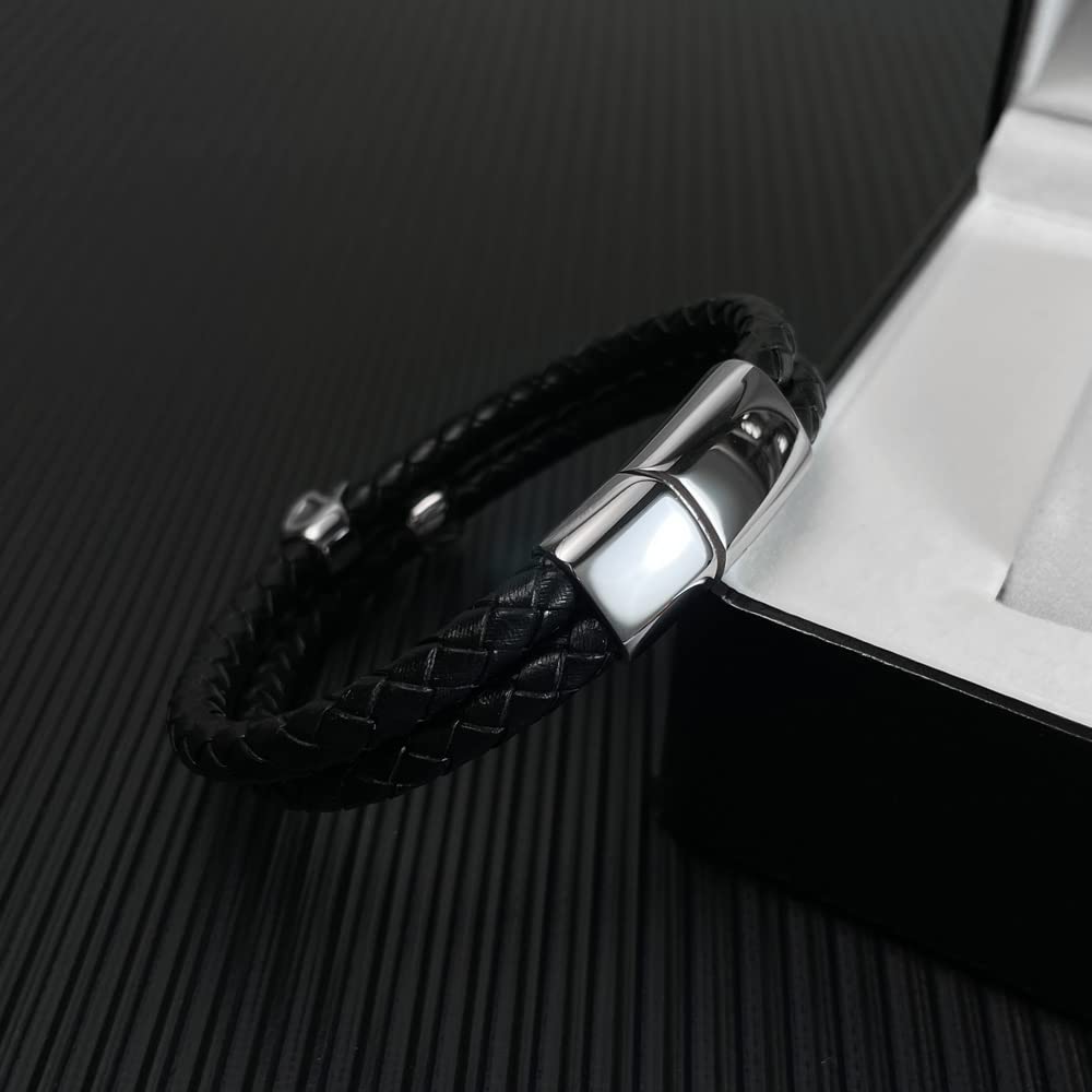 Rockyu メンズ スカル レザーブレスレット 2連 ドクロ ステンレス シルバー ゴールド ブラック