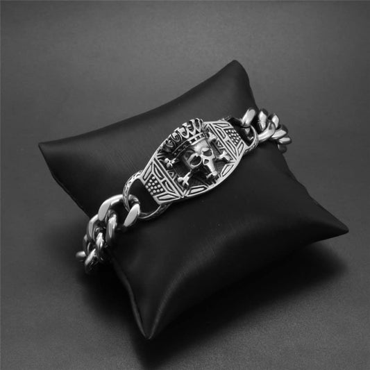 Rockyu ブレスレット メンズ チタン シルバー ブラック 王冠ドクロ 喜平チェーン プレート 重厚デザイン アクセサリー